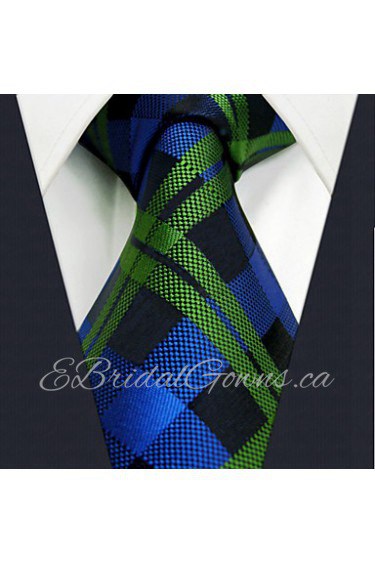 Checkered Blue Green Mens Necktie Silk Ties Business Dress 63" Long