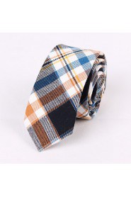 Yellow Brown Cotton Narrow Blue Grid Tie