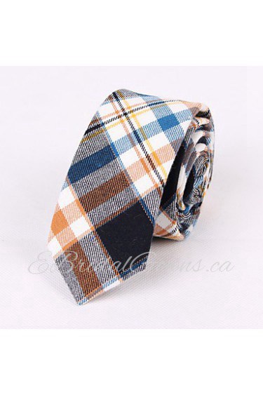 Yellow Brown Cotton Narrow Blue Grid Tie