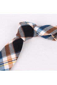 Yellow Brown Cotton Narrow Blue Grid Tie