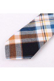 Yellow Brown Cotton Narrow Blue Grid Tie