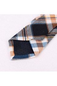 Yellow Brown Cotton Narrow Blue Grid Tie