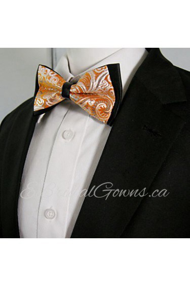 Men's Black Orange Paisley Mens Pre-tied Ajustable SilkBlend Wedding Dress Fashion SilkBlend Bow Tie