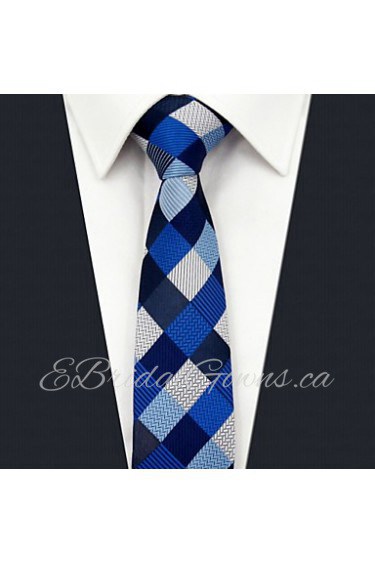 Men's Tie Navy BlueChecked Skinny Necktie Fashion 100% Silk Casual