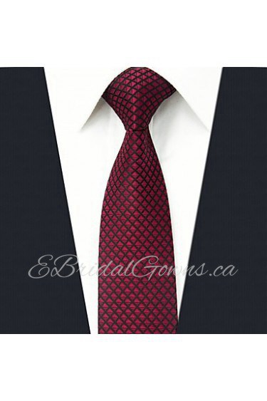 Men's Tie Checked Red Skinny Necktie Fashion 100% Silk Casual