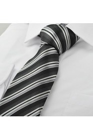 Men's New Striped Grey Black Classic Microfiber Tie Necktie For Wedding Party Holiday With Gift Box