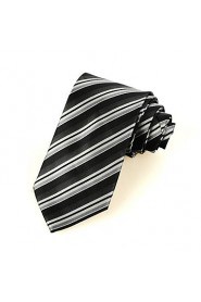 Men's New Striped Grey Black Classic Microfiber Tie Necktie For Wedding Party Holiday With Gift Box