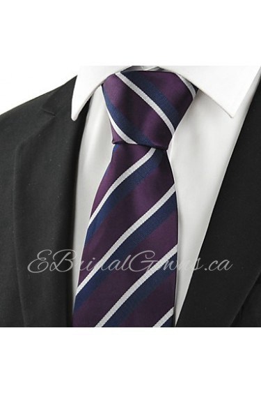 Men's White Navy Striped Plum Microfiber Tie Necktie For Wedding Party Holiday With Gift Box