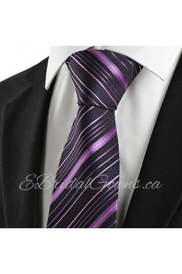 Men's New Purple Striped Black Microfiber Tie Necktie For Wedding Holiday With Gift Box