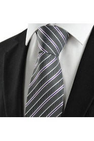 Men's White Purple Striped Grey Microfiber Tie Necktie For Wedding Holiday With Gift Box