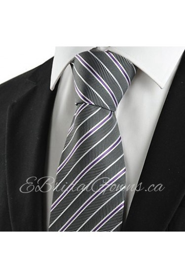 Men's White Purple Striped Grey Microfiber Tie Necktie For Wedding Holiday With Gift Box