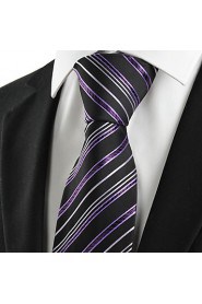 Men's Striped Purple Black Microfiber Tie For Wedding Party Holiday With Gift Box