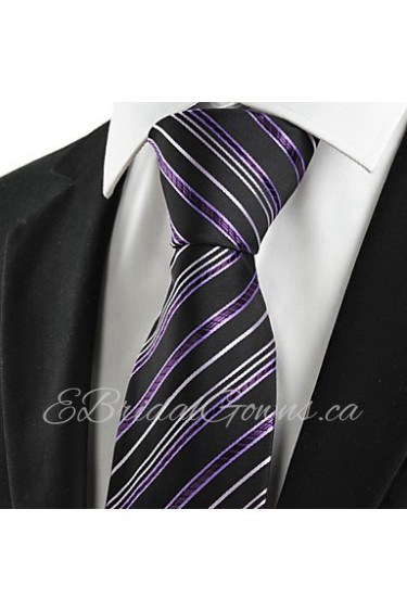 Men's Striped Purple Black Microfiber Tie For Wedding Party Holiday With Gift Box