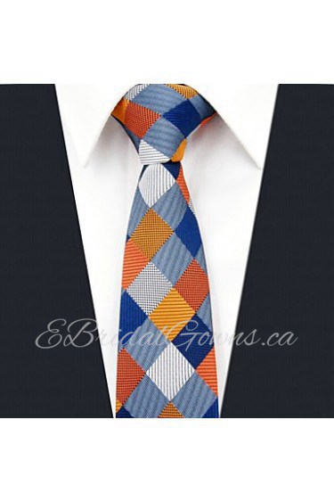 Men's Tie Orange Checked Skinny Necktie Fashion 100% Silk Casual