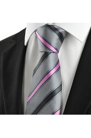 Men's Striped Pink Grey Microfiber Tie Necktie For Wedding Party Holiday With Gift Box