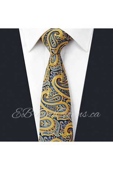 Men's Tie Paisley Yellow Skinny Necktie Fashion 100% Silk Casual