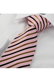 Men's Striped Brown Pink Microfiber Tie Necktie For Wedding Party Holiday With Gift Box