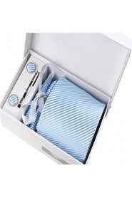 Men's Fashion Light Blue Striped Polyester Tie Set: Tie Hankie Cufflink Tie Clip with Box Bag