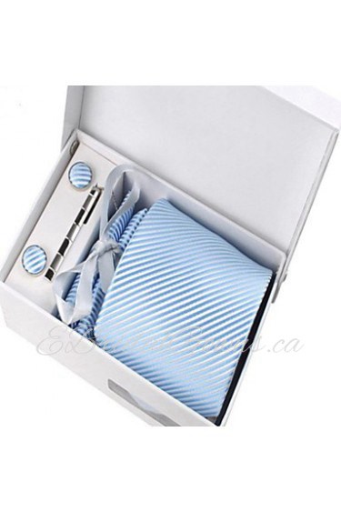 Men's Fashion Light Blue Striped Polyester Tie Set: Tie Hankie Cufflink Tie Clip with Box Bag