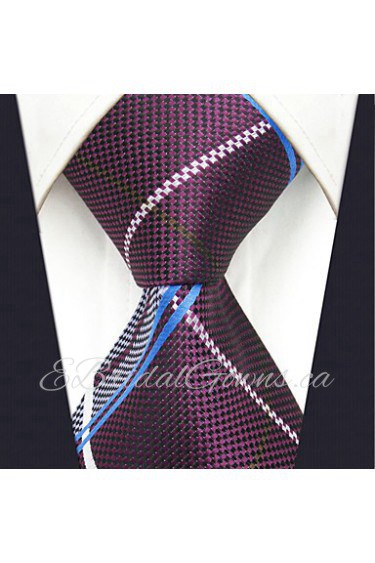 Men's 100% Silk Tie Purple Checked Necktie Jacquard Woven