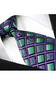 Men's100% Silk Tie Purple Checked Necktie Jacquard Woven