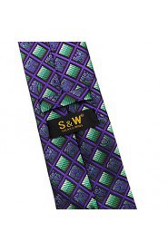 Men's100% Silk Tie Purple Checked Necktie Jacquard Woven