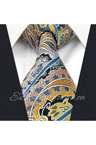 Men's 100% Silk Tie Yellow Paisley Necktie Jacquard Woven Business