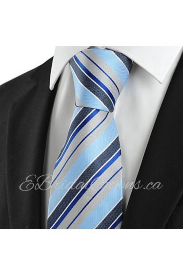 Men's Striped Blue Grey Microfiber Tie Necktie For Wedding Party Holiday With Gift Box