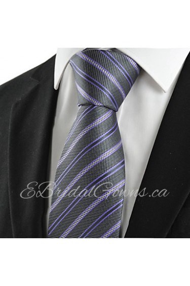 Men's New Striped Lilac Black Microfiber Tie Necktie For Wedding Party Holiday With Gift Box