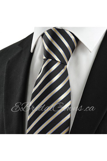 Men's Striped Golden Black Microfiber Tie Necktie For Wedding Party Holiday With Gift Box