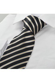 Men's Striped Golden Black Microfiber Tie Necktie For Wedding Party Holiday With Gift Box