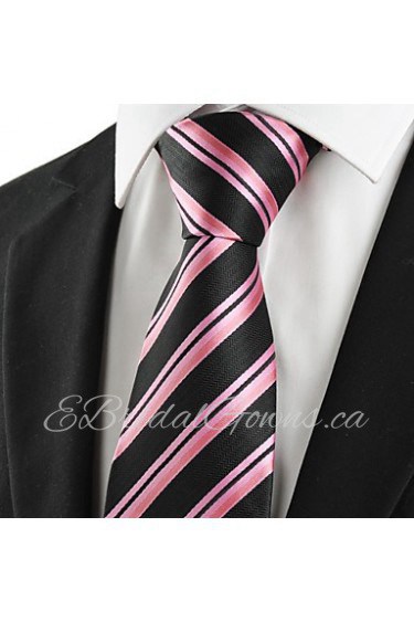 Men's Striped Pink Black Microfiber Tie Necktie For Wedding Party Holiday With Gift Box