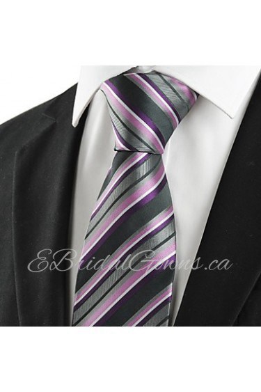 Men's Striped Purple Grey Microfiber Tie Necktie For Wedding Party Holiday With Gift Box