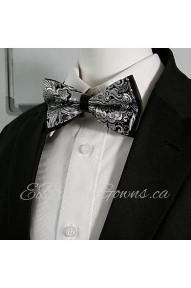 Men's Black White Flower Silk Blend Pre-tied Bow Tie Ajustable Dress Wedding