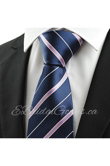 Men's Pink White Striped Navy Blue Microfiber Tie Necktie For Wedding Party Holiday With Gift Box