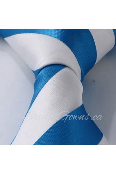 Men Blue White Stripes Necktie Jacquard Woven Silk Tie