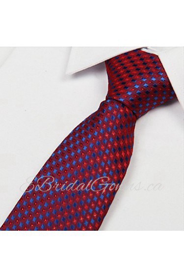 Red Dark Blue Diamond Pattern Men Polyester Yarn Tie Necktie