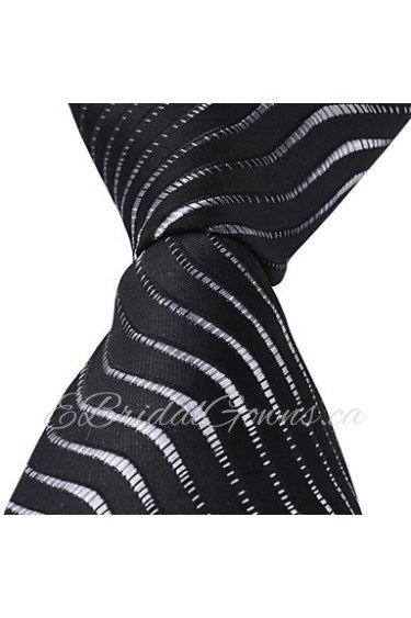 New Striped Black White Jacquard Woven Silk Men Tie Necktie