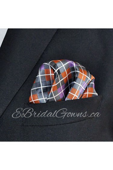 Men's Pocket Square Orange Checked 100% Silk Wedding Business