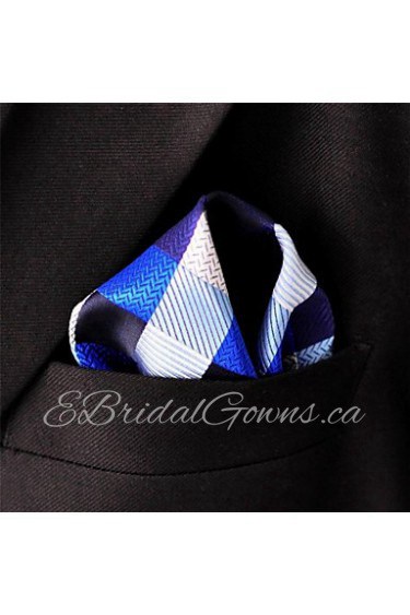 Men's Pocket Square Checked Blue 100% Silk Business