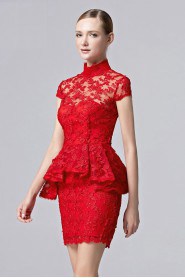 Short Sleeve Hollow Out Lace High Neck Mini / Short Sheath / Column Cocktail Party Dress