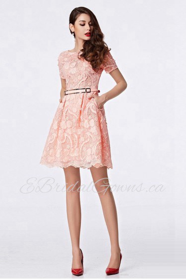 Short Sleeve A-line Scoop Cocktail Party / Prom Dress Knee-length with Embroidery