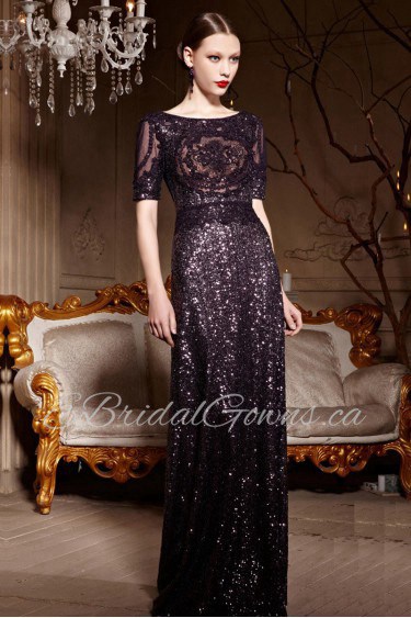 Half Sleeve Floor-length Scoop Evening Dress with Paillettes