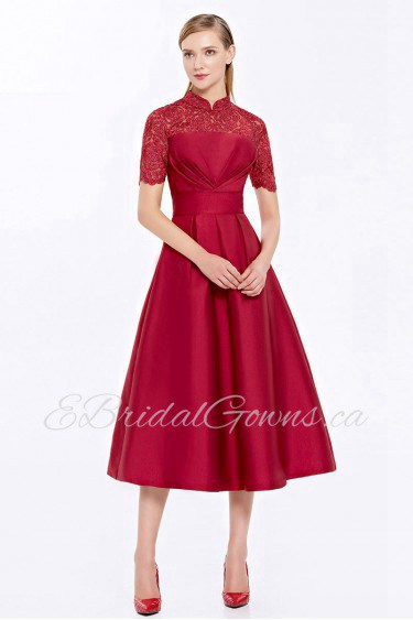 High Neck Short Sleeve A-line Tea-length Prom Dress