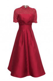 High Neck Short Sleeve A-line Tea-length Prom Dress