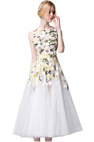 A-line Scoop Tea-length Evening Dress with Crystal