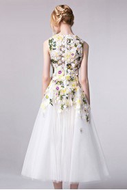 A-line Scoop Tea-length Evening Dress with Crystal