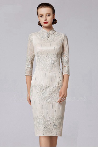 High Neck Knee-length 3/4 Length Sleeve Sheath / Column Evening Dress Cocktail Party / Prom Dress