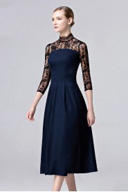 High Neck 3/4 Length Sleeve Tea-length A-line Cocktail Party / Prom Dress