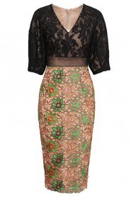 V-Neck Evening Dress Half Sleeve Knee-length with Embroidery